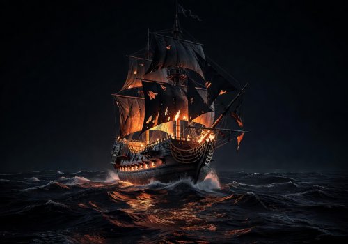 Orange Glowing Pirate Ship in Dark Ocean